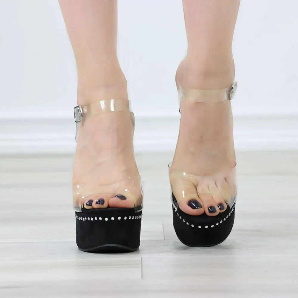 Clear Platform Heels Black Suede Rhinestones